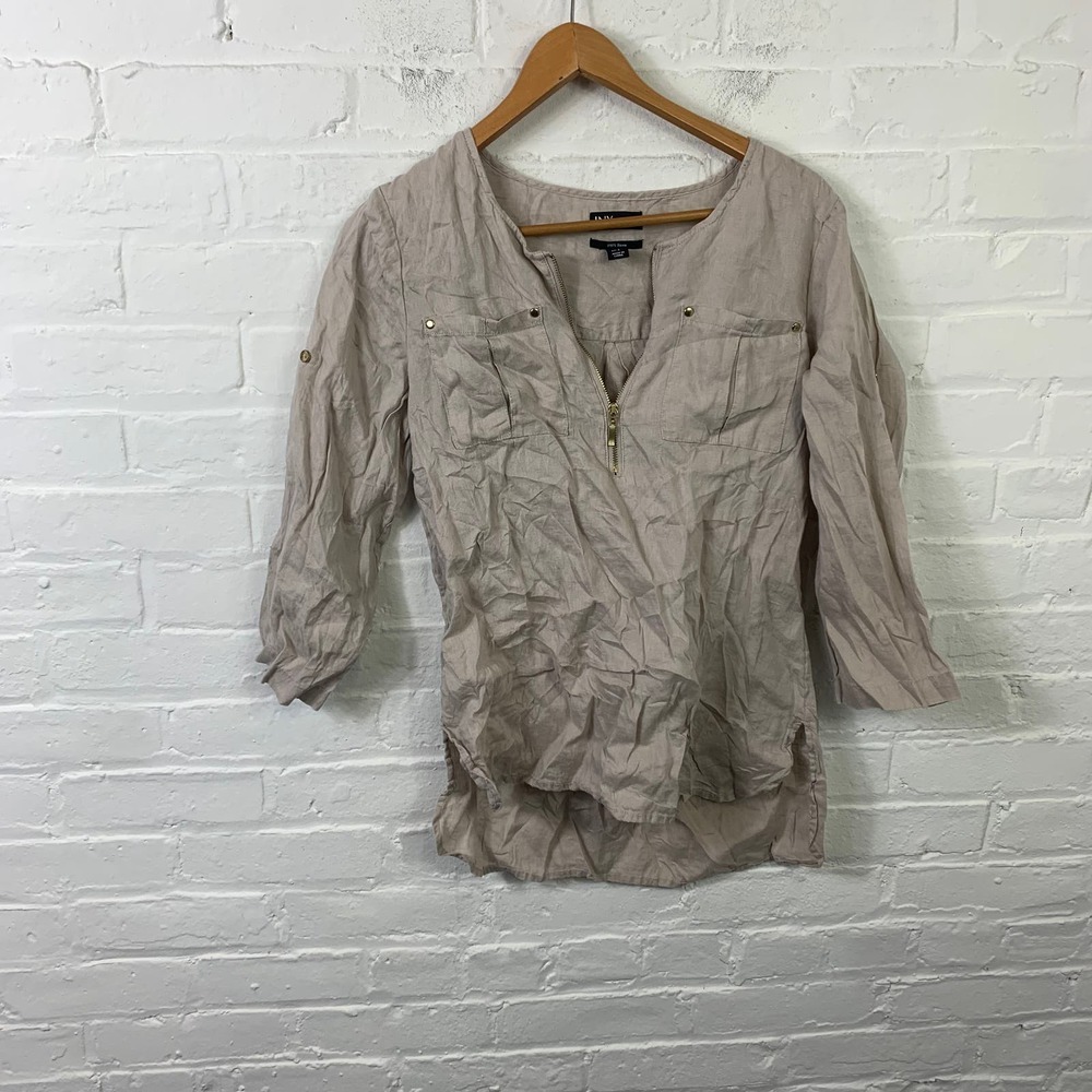 Jones New York Women's Crew Neck 1/2 Zip Top Blosue 3/4 Sleeve Beige Size Small